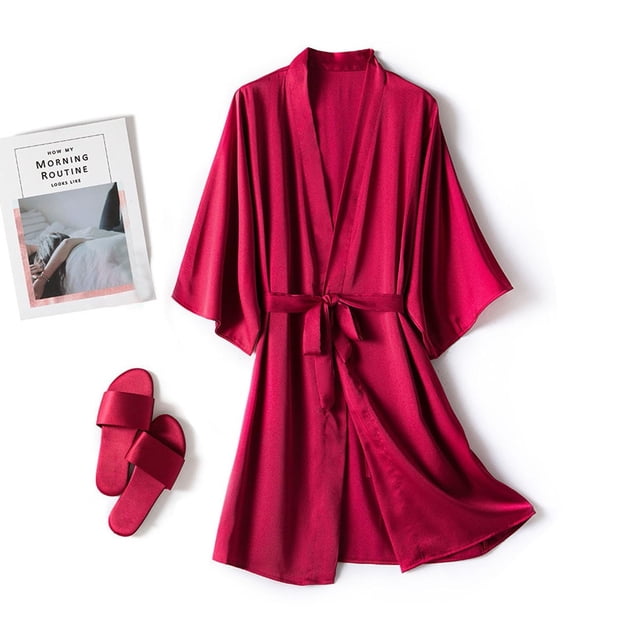 Peignoir en Soie Rouge TIMIFIS pour Femmes, Peignoirs en Dentelle, Mariée, Demoiselle d'Honneur, Fête, Peignoir de Bain en Satin, Col en V, Vêtement de Nuit, Tenue de Détente, Robes de Chambre avec Manches 3/4, Printemps/été