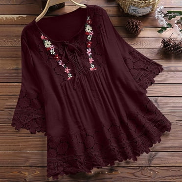 TIMIFIS Plus Size Cotton Linen Tshirt Vintage Lace Patchwork Bow Shirts for Women Casual Loose Blouses - Spring/Summer