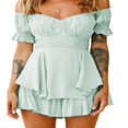 thumbnail image 3 of POINTERTECK Women Boho Romper Off Shoulder Double Layer Ruffle Hem Chiffon Short Fairy Princess Mini Dress Jumpsuit Playsuits Black L, 3 of 8