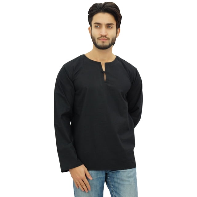 Atasi Kurta Court Noir pour Homme, Col Rond Goutte d'Eau, Tunique en Coton - Xxx-Grand