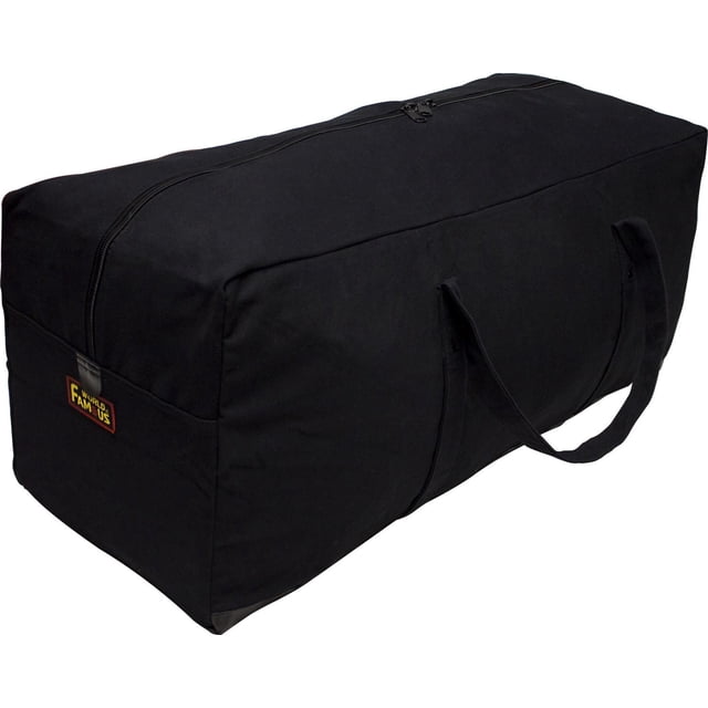 World Famous 30" Canvas Equipment Bag in black with a rectangular shape, made of double thick cotton canvas, featuring a full length double zipper with pull tabs, reinforced wrap-around handles, and a vinyl reinforced double bottom, ideal for storing hiking, fishing, or camping gear.