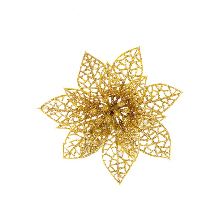 10pcs Simulated Christmas Artificial Flowers Plastic Decorative Flowers for Christmas Tree (Gold)