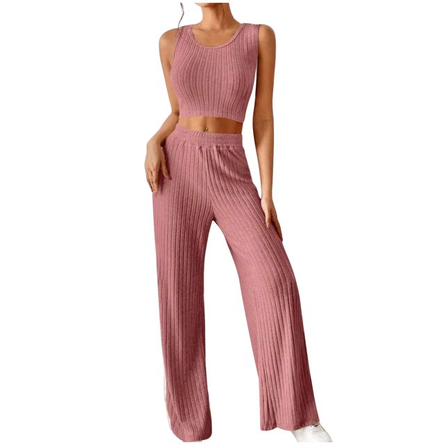 Yuyuzo Lounge Set pour les Femmes Sans Manches Col Rond Crop Top et Pantalon Taille Haute 2 Pièces Chandail Ensemble