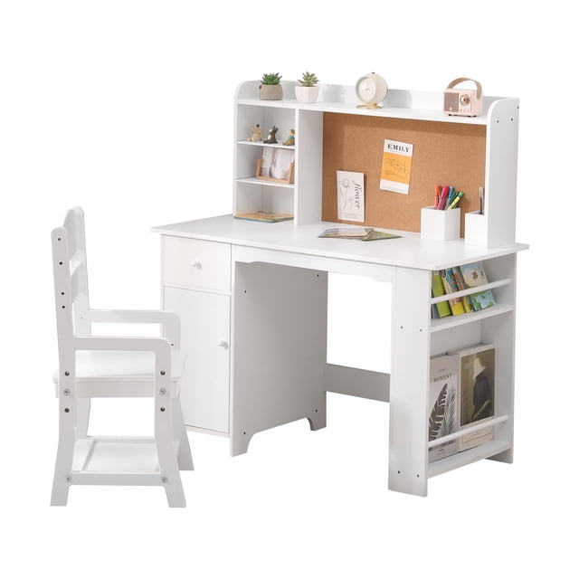 EDTara Kids Study Desk and Chair Set, Children’s Table with Bookshelf, Bulletin Board, Storage Cabinets, and Drawer