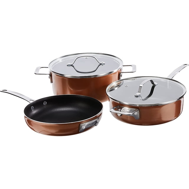 Gotham Steel Stackable Pots and Pans Set – Stackmaster 5 Piece Cookware Set with aluminum construction and a copper finish. Includes a frying pan, stock pot, and saucepan with glass lids. Features ultra nonstick ceramic coating, heat-resistant handles, and dishwasher-safe design. Saves 30% space in kitchen storage.