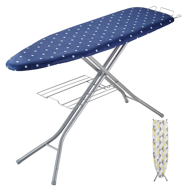 KFFKFF Planche à Repasser avec Plateau de Rangement Intégré, Planche à Repasser Améliorée à 4 Couches avec Couvercle Résistant à la Chaleur et Housse en Pur Coton, Planche à Repasser à 10 Hauteurs Variables (Dimensions 55x15)