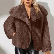 Pincandy Women's Faux Fur Coat Fluffy Faux Fur Jacket Long Sleeve Lapel Furry Winter Jackets Shaggy Parka Short Coat