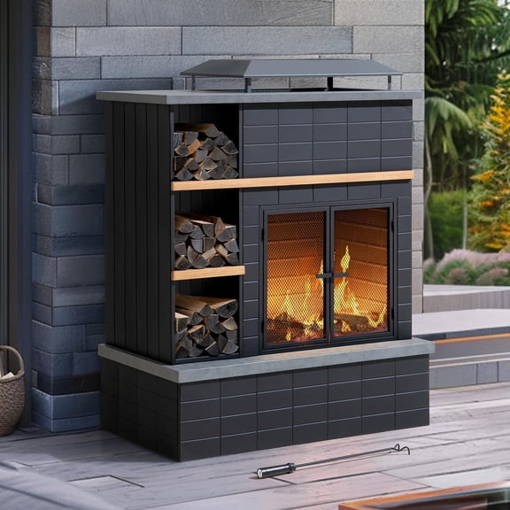 Sunjoy 42 in.  Wood Burning Fireplace, Steel Outdoor Fireplace with Chimney, Log Holders, Fire Poker and PVC Cover