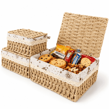 MEHOOM Paniers de Rangement Décoratifs, Paniers en Osier en Corde de Papier Naturel avec Couvercle et Doublure, Paniers et Bacs pour Chambre, Salon, Cuisine, Table, Déco Maison (Lot de 3)