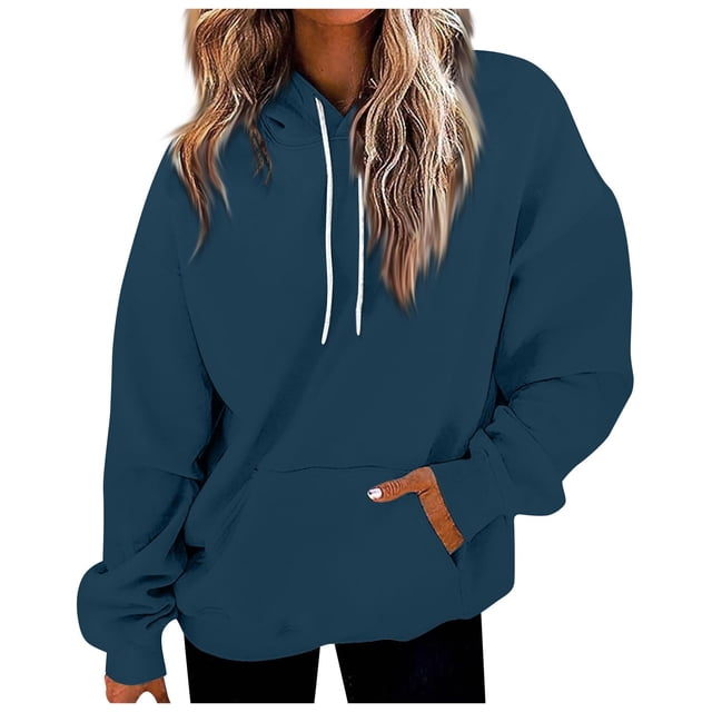 Timegard Hoodies for Women Drawstring Long Sleeve Sweatshirts Pullover Fall Winter Solid Color Tops