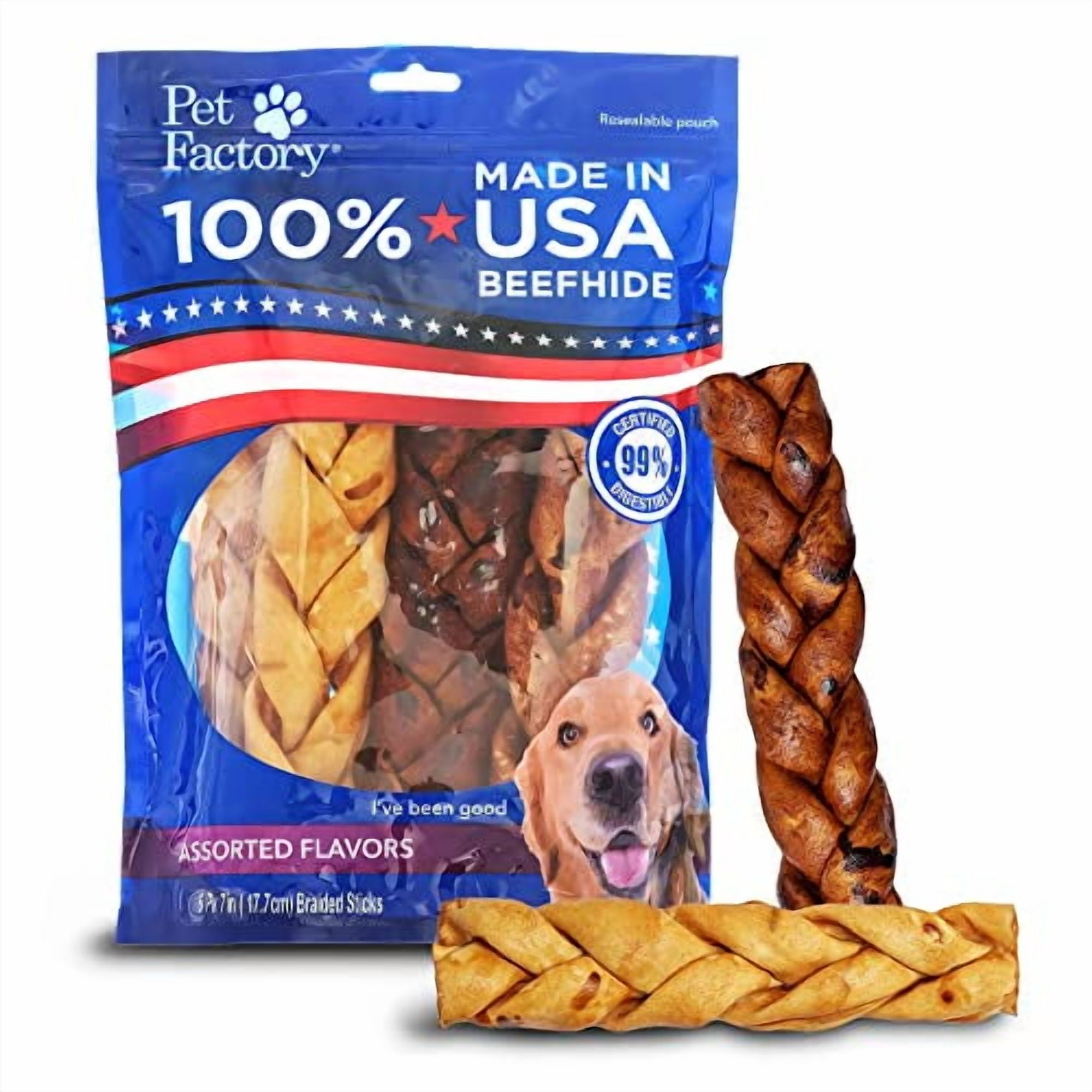Pet Factory 100% Made in USA Beefhide 7" Braided Sticks Dog Chew Treats - Beef & Chicken Flavor, 6 Count/1 Pack