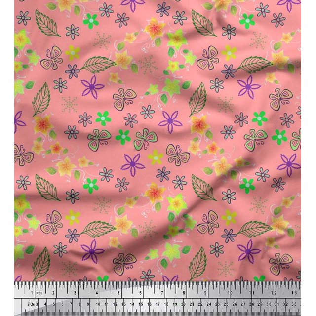 Soimoi Orange Poly Georgette Fabric Leaves,Insect & Floral Artistic Print Sewing Fabric BTY 42 Inch Wide