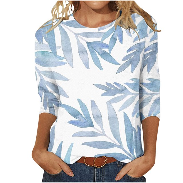 HKEJIAOI Blouse pour Femmes 3/4 Manches Imprimé Floral Col Rond L Blouse d'Été