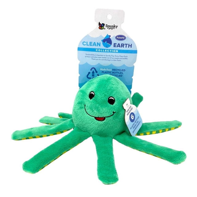 Spunky Pup Clean Earth Octopus Plush Dog Toy in green with a smiling embroidered face and eight legs, made entirely from recycled plastic bottles, includes a built-in squeaker and floats, shown with a blue hang tag indicating six recycled bottles used, suitable for water play at lakes or pools.
