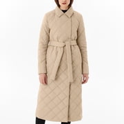 EGNMCR Womens Long Puffer Coat, Long Sleeve Padded Winter Down Coats, Hooded Parka Jacket Women's Casual Cotton Coat Rhombic V-neck Long Belt Warm Loose Coat Women Coat