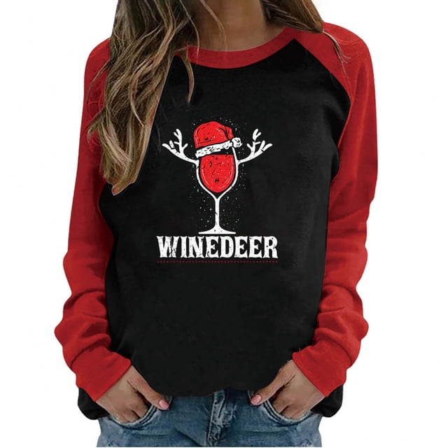 T-shirt de Noël pour Femmes T-Shirt de Printemps Patchwork de Noël Imprimé Manches Longues Col Rond T-Shirt Décontracté