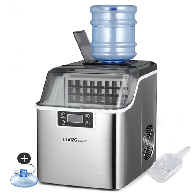 Countertop Ice Maker with 2 Way Water Filling by LIVINGbasics, featuring a stainless steel design and a 3.2L water tank. Produces up to 44 lbs of square-shaped ice cubes per day, with 24 cubes ready in 14 minutes. Includes self-cleaning functionality, adjustable ice thickness, and operates quietly at under 35dB. Shown with a water bottle attachment (not included) and accessories like an ice scoop and basket, ideal for home, office, or party use.