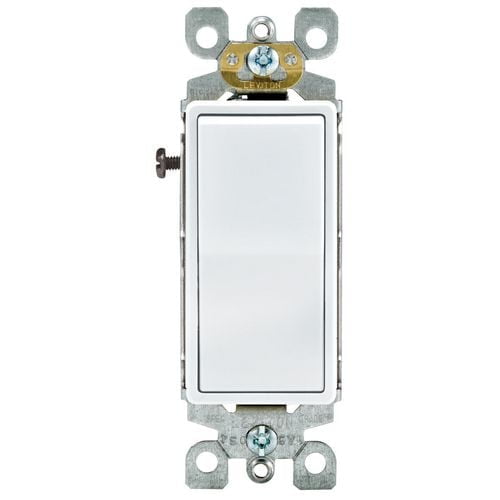 Decora 3-Way 15A-120V White Rocker Switch with a white rectangular rocker button mounted on a metal frame featuring screw terminals for push-in and side wiring, designed for electrical accessory installation in home improvement projects.