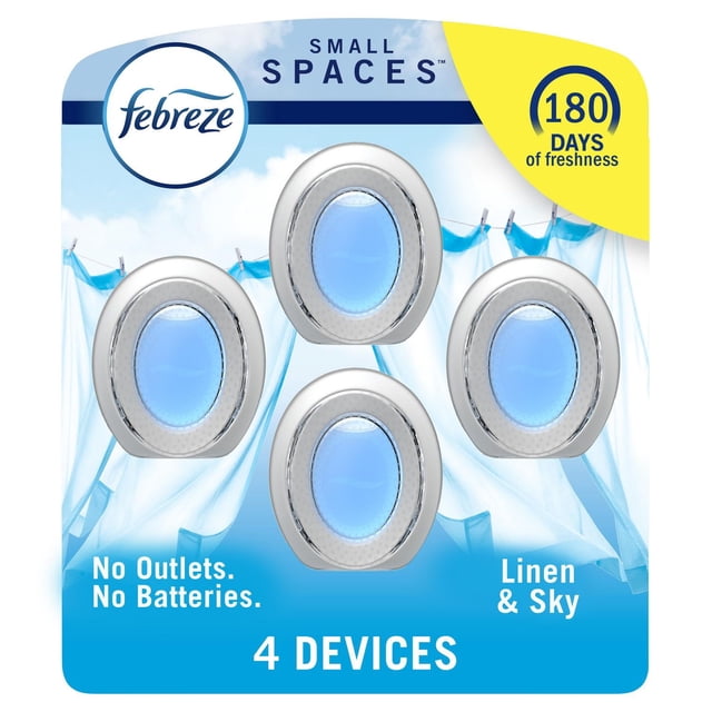 Febreze Small Spaces air freshener pack with four oval devices in Linen & Sky scent, designed for small spaces without outlets or batteries, providing up to 180 days of continuous odor-fighting freshness.