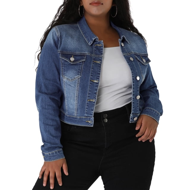 GRACE & GRANDEUR Women's Plus Jean Jackets Button Down Denim Bomber Jacket