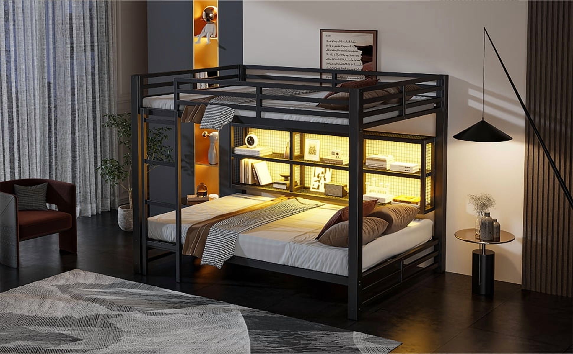 Noble House Metal Queen over Queen Bunk Bed with Storage Cabinets and LED, Black