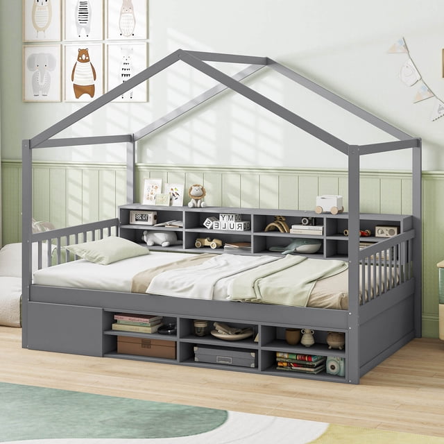 Costway Lit Cabane Format Simple Cadre de Lit Plateforme en Bois avec Toit et 14 Cubes de Rangement Gris. Ce Lit pour Enfants Présente un Cadre Robuste en Bois Massif avec Clôture de Protection et 10 Lattes en Contreplaqué pour la Stabilité. Comprend 8 Cubes de Rangement de Chevet, 6 Cubes de Rangement sous le Lit et une Armoire Fermée pour Organiser les Jouets, les Livres et les Vêtements. Conçu pour les Matelas Format Simple avec une Épaisseur de 6 à 8 Pouces. Idéal pour le Mobilier de Chambre d'Enfants et Convient à une Décoration Personnelle avec Guirlandes Lumineuses Ou photos.