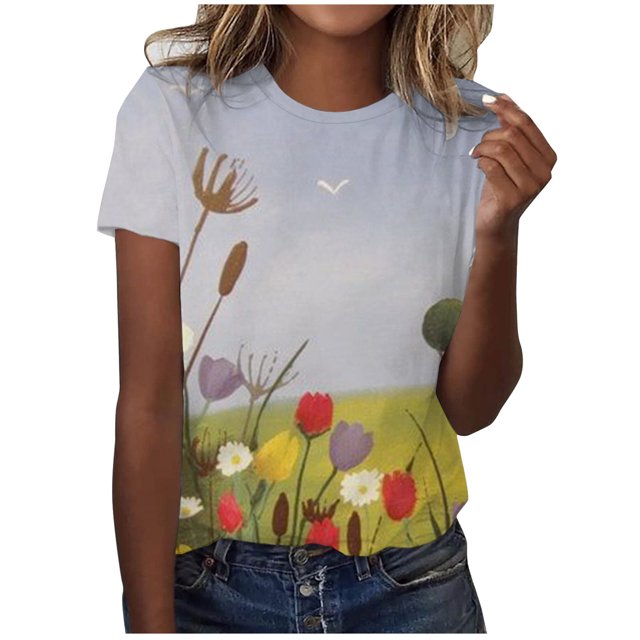Birdeem T-Shirt Blouse Ample à Manches Courtes Décontracté pour Femmes, Imprimé, Plissé, Col Rond