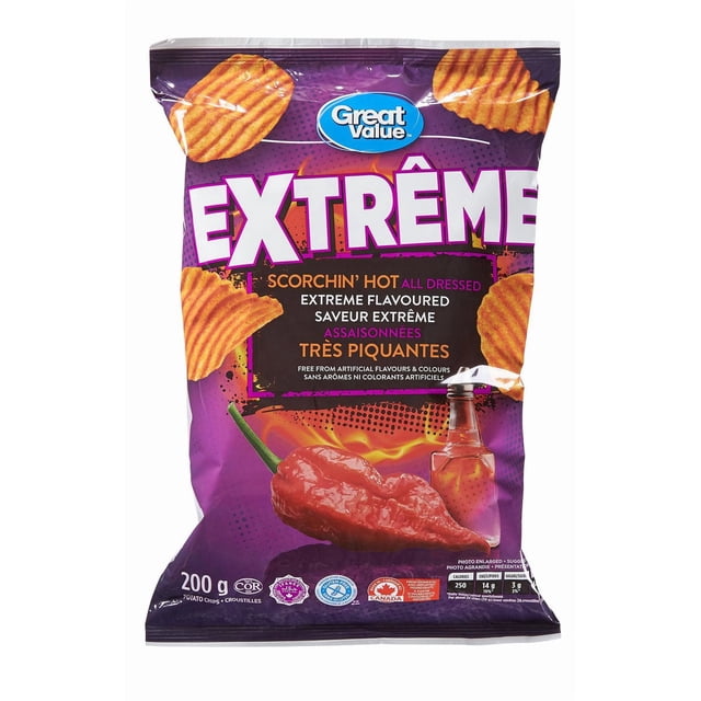 Great Value Scorchin’ Hot All Dressed Extreme Flavoured Rippled Chips front-facing bag with bold red-orange packaging and a close-up rippled chip, labelled Scorchin’ Hot all-dressed seasoning and kosher; a spicy snack often used for sharing at movie nights or packed in lunches.