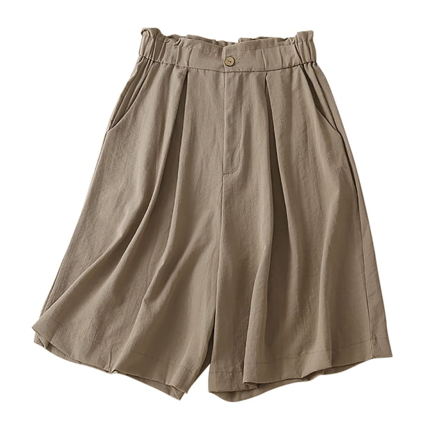 Diufon Elastic Ruffle Waist Shorts for Women Cotton Linen Pleated Shorts Pockets Solid Color Button Shorts