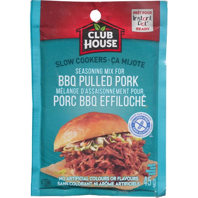 Club House Dry Sauce Seasoning Mix for BBQ Pulled Pork Slow Cookers 45g packet with bilingual English and French text, gluten-free certification, and a pulled pork sandwich with coleslaw on a bun, ideal for slow cooker and Instant Pot recipes.
