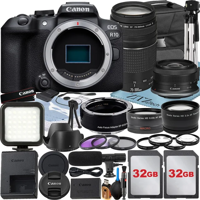 Canon EOS R10 Mirrorless Camera with RF-S 18-45mm + EF 75-300mm Lens + Mount Adapter + 2 Pack 32GB Memory Card + Case + ZeeTech Accessory
