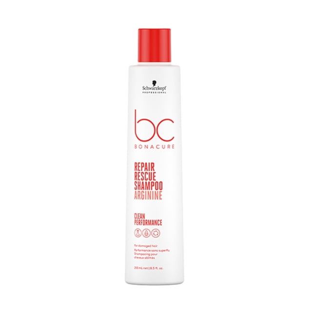 Schwarzkopf BC Bonacure Peptide Repair Rescue Shampoo, 250mL bottle with a white body and red cap. The label highlights its clean performance and suitability for damaged hair, offering intensive repair and hydration. Designed for normal to thick, very damaged hair, it reduces breakage by 95% and restores elasticity.