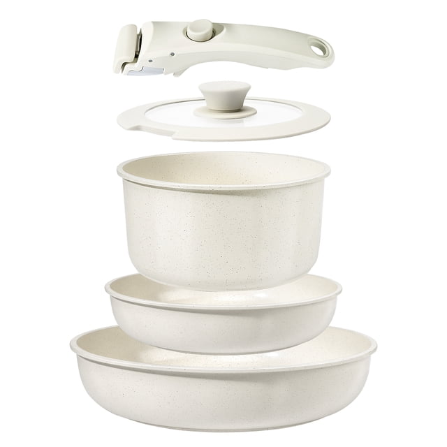 GiPP 5Pcs Ceramic Pots and Pans Set Nonstick Cookware Sets with a removable handle, featuring a stackable design for space-saving storage. The set includes three white ceramic nonstick pots and pans with a speckled finish, a matching lid, and a detachable handle. Compatible with induction, gas, ceramic, and electric stovetops, and oven safe for versatile cooking. Made of durable aluminum with a ceramic coating for healthy, low-fat cooking and easy cleaning.