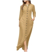 cfhntfmh Maxi Dresses for Women Casual Fall Collared Long Sleeve Buttons down Shirts Dress Soft Cotton Linen Dress