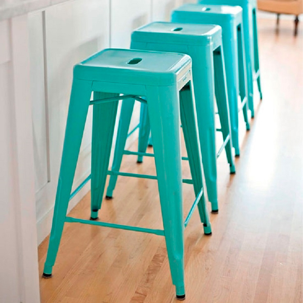 Heavenly Collection Industrial Turquoise Metal Counter Stools Set of 3 - Tolix-Style Backless Barstools with Wooden Seat Option - Ideal for Kitchen Islands & Patios