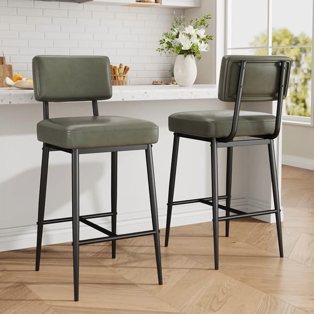 Bar Stools Set of 2, 26" Faux Leather Counter Height Bar Stool with Back, Metal Legs, Modern Upholstered Barstool Chairs for Island, Counter Bar, Kitchen, Rustic Green