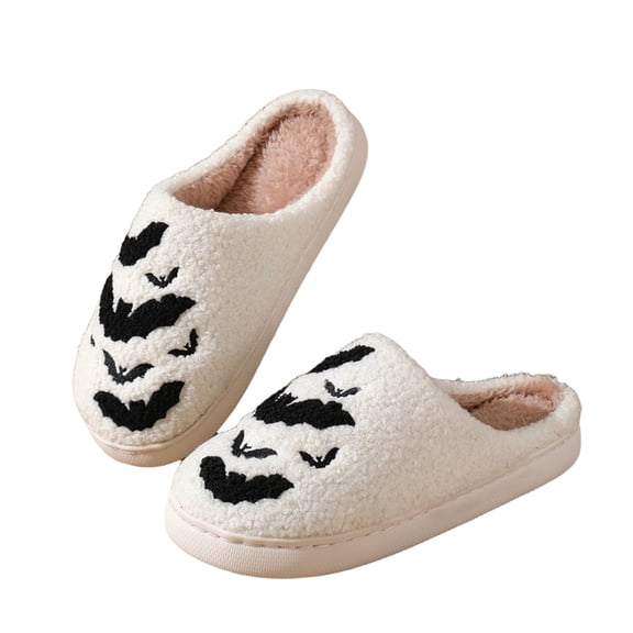 Sewkxo Pantoufles d'Halloween pour Hommes Femmes, Peluche Duveteuse, Pantoufles Chaudes pour la Maison avec Motif de Citrouille Fantôme et Chauve-Souris, Antidérapantes, Chaussures d'Intérieur Effrayantes, Blanc 38