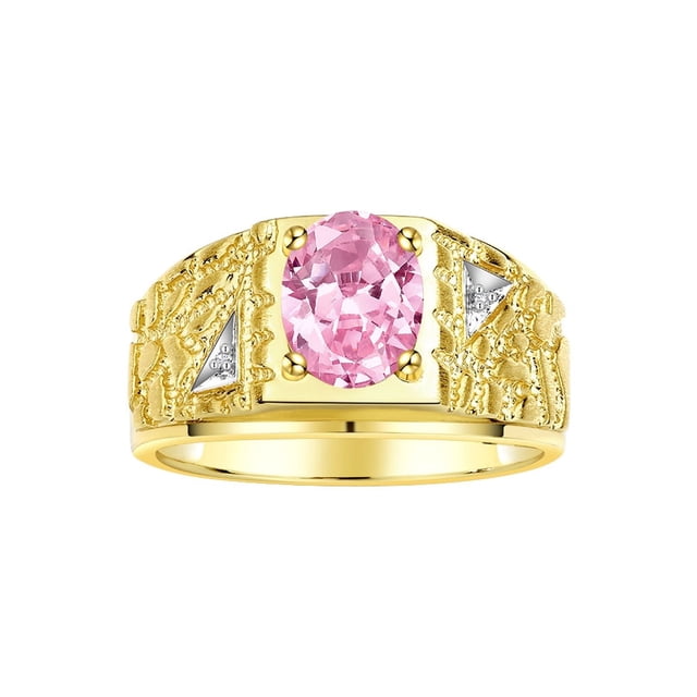 RYLOS Men's Rings Yellow Gold Plated Silver Designer Nugget Ring Oval 9X7MM Gemstone & Diamonds Pink Ice Birthstone Rings For Man Size 12
