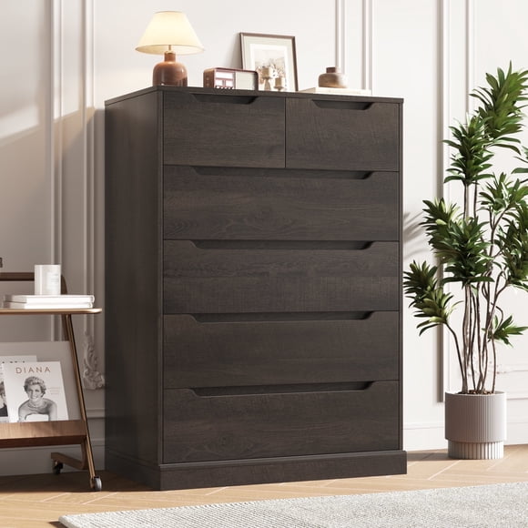 Homfa Commode Haute à 6 Tiroirs, Armoire de Rangement en Bois de 43,3 Po de Hauteur avec Base Verticale Stable Améliorée pour Chambre et Salon, Brun Foncé