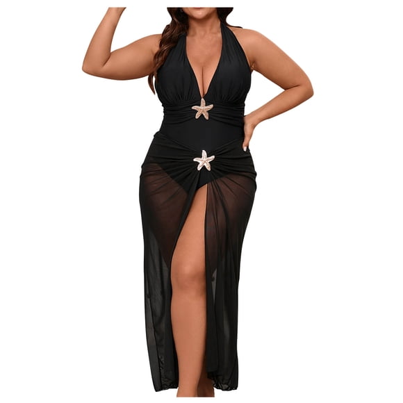 Ohufall Women's Plus Size Swimdress Halter Deep V Swimwear One Piece Long Skirt Tummy Control Black One Piece Bathing Suit for Women