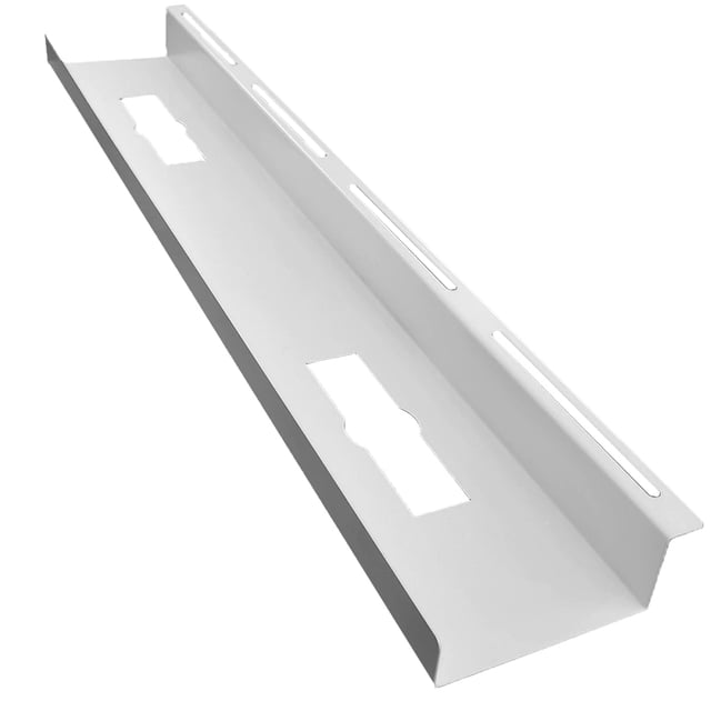 MotionGrey Under Desk Cord Management Cable Tray Organizer in white, designed for work computer tables, home and office sit-stand desks. Made of durable steel, it measures 80x14x5 cm and features a sleek design with cutouts for cable organization. Ideal for decluttering and creating an ergonomic workspace.