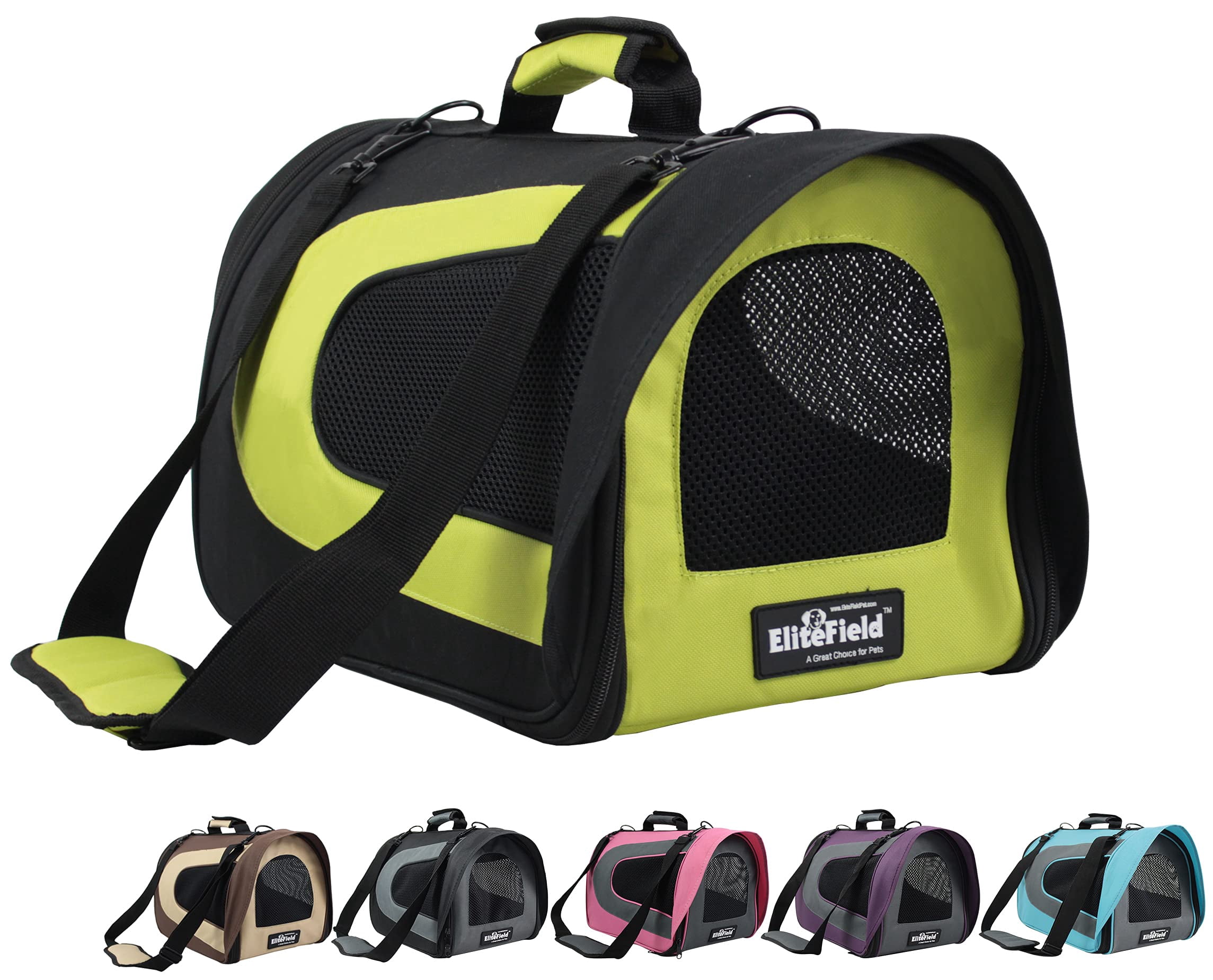 EliteField Deluxe Soft Pet Carrier (3 Year Warranty, Airline Approved), Multiple Sizes and Colors Available (18" L x 10" W x 11" H, Black+Lemon Green)