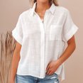 thumbnail image 1 of EGNMCR T Shirts for Women Ladies Solid Color Cotton And Linen Shirt Short Sleeve Lapel Button, 1 of 9