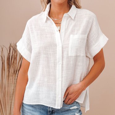 EGNMCR T-Shirts pour Femmes Dames Chemise en Coton et Lin de Couleur Unie Manches Courtes Col à Revers Bouton