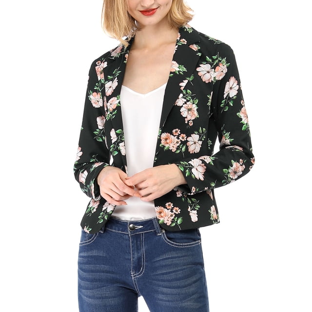INSPIRE CHIC Women's Fitted Blazer Notch Lapel Printed Open Front Work Suit Jacket L Black-Floral