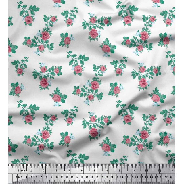 Soimoi polyester Crepe Fabric Leaves & Rose Floral Printed Fabric 1 Yard 52 Inch Wide