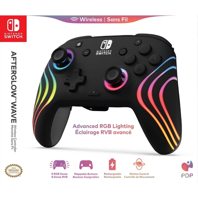 Afterglow™ Wave Wireless RGB Gaming Controller for Nintendo Switch™ with black matte finish, eight customizable RGB lighting zones on grips and thumbsticks, ergonomic wireless design, mappable buttons, rechargeable battery, and built-in motion controls for immersive gameplay.