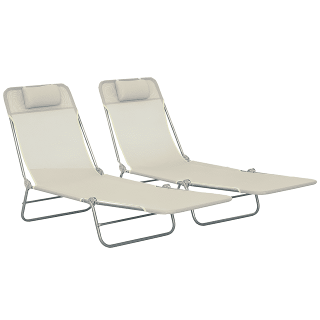 Outsunny Chaise Lounge Pliante 2 Pcs en Crème, avec Deux Chaises Inclinables pour Bronzage au Soleil et Dossiers Réglables Offrant Cinq positions et des Coussins d'Appui-tête pour un Confort Accru. Fabriquées en Tissu Maillé Respirant et un Cadre en Acier Enduit de Poudre, Ces Chaises Longues d'Extérieur Pliables Sont Légères et Résistantes à l'Eau. dimensions Entièrement Inclinées Sont de 22 Pouces de Large par 71,7 Pouces de Profondeur par 11 Pouces de Hauteur, Ce Qui les Rend Idéales pour le Bord de la Piscine, la Plage Ou le camping
