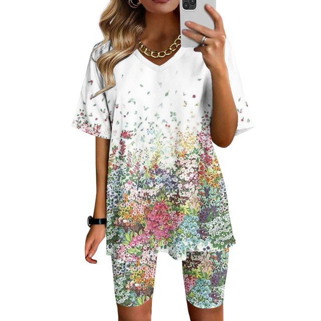 Ensembles d'Entraînement pour Femmes 2 Pcs Mode Femme Blouse à Col en V T-Shirts à Manches Courtes Shorts Ensemble Décontracté Ensembles 2 Pcs en Liquidation
