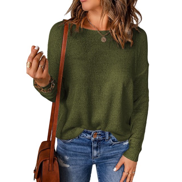 Innerwin Sweater Solid Color Ladies Jumper Tops Chic Long Sleeve Casual Knitted Sweaters Green L